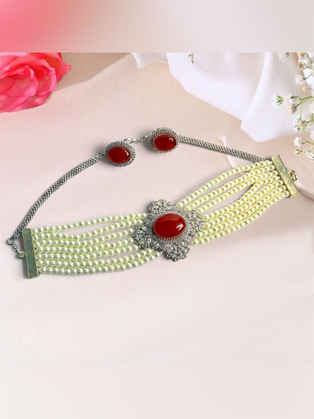 Pearl Strand Choker with Red Gem Centerpiece